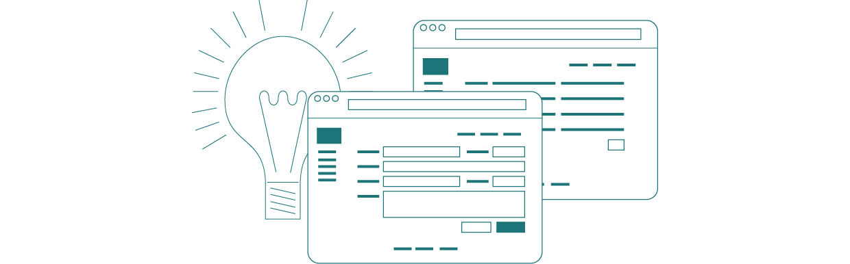 Eine stilisierte Glühbirne die die Idee symbolisiert, mit einem Pfeil der auf eine stilisierte Webapplikation zeigt.